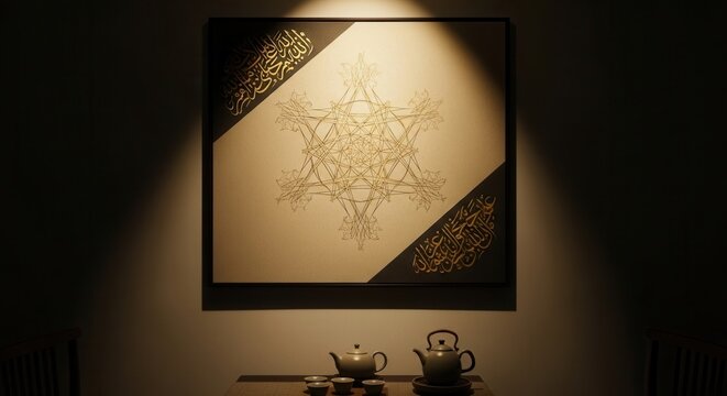 Islamic Art And Calligraphy Adorned Wall With Tea Set