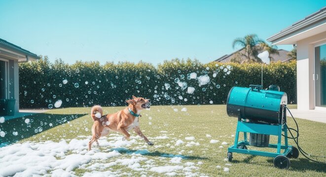 Joyful Dog Chasing Bubbles Generated By A Machine In A Sunny Backyard