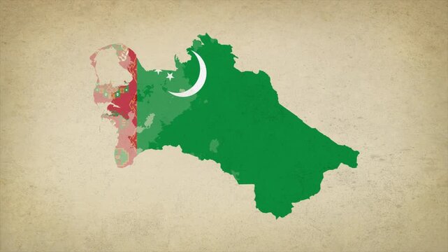 Animated Appearing TURKMENISTAN Map Filled with Flag Isolated on Vintage Background