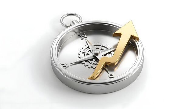 Silver compass with a golden rising arrow on white background, symbolizing strategic direction, business growth, and financial success guidance.