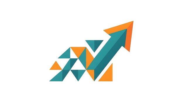 Abstract geometric corporate logo featuring an upward teal and orange arrow made of triangles, representing business growth, professional leadership, and strategic success.