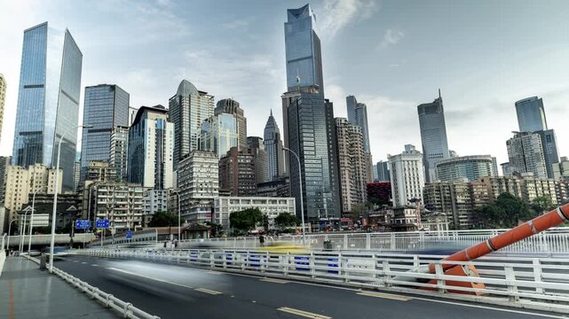 Chongqing cyberpunk city skyline on the Qiansimen Bridge