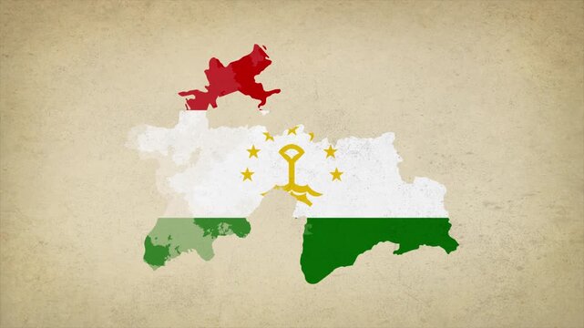 Animated Appearing TAJIKISTAN Map Filled with Flag Isolated on Vintage Background