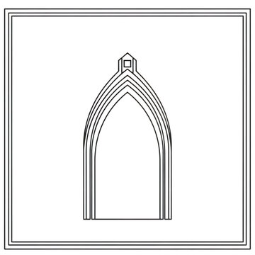 Black outline drawing of a gothic style pointed arch door frame