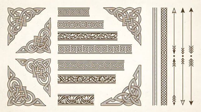 Set of vintage geometric frame corners and decorative linear borders on a light parchment background