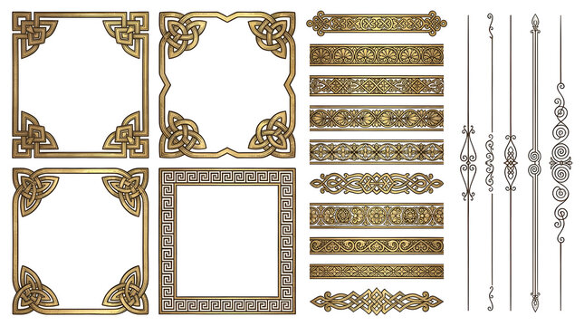 Set of vintage geometric frames and ornate decorative borders isolated on a white background