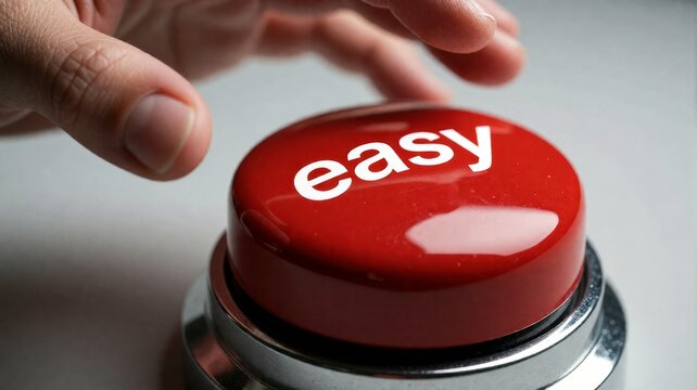 Red easy button being pushed by hand