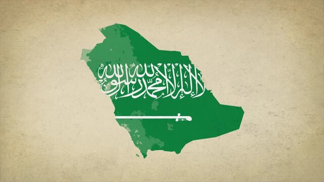 Animated Appearing SAUDI ARABIA Map Filled with Flag Isolated on Vintage Background
