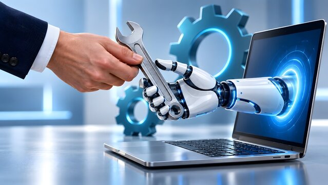 3D illustration of human and robot collaboration showing businessman hand exchanging a wrench tool with an AI robotic arm coming out of a laptop screen