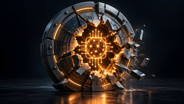 3D render of shattered metal vault door revealing a glowing orange artificial intelligence neural network core concept of cyber breach or quantum computing breakthrough