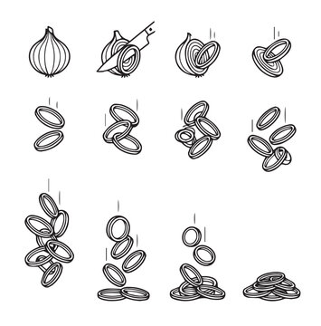 Onion rings falling in sequence with knife cutting illustration on white background
