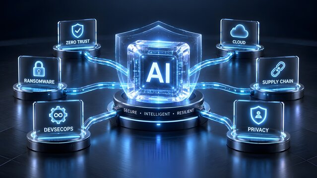 Artificial intelligence centralized cybersecurity framework diagram with glowing shield and protective nodes for enterprise network defense