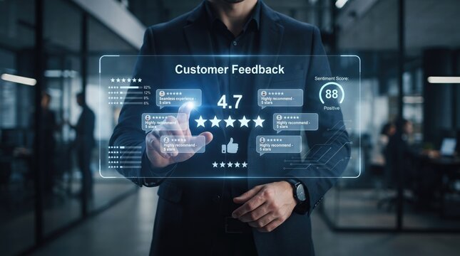 Business professional holding a digital holographic interface showing customer feedback and star ratings in office