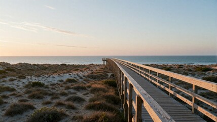 Fototapeta premium Wooden boardwalk extending toward sandy beach and ocean at sunset