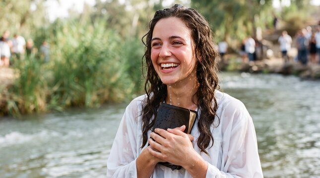 Young woman smiling, holding Bible during outdoor baptism ceremony