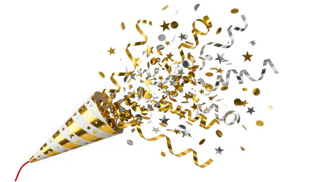 Party popper exploding with gold and silver confetti and streamers isolated on transparent background