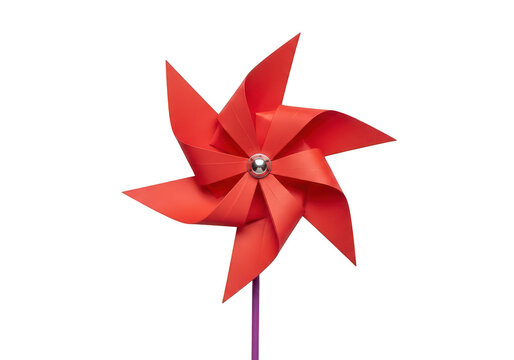Red paper pinwheel with purple stem rests on transparent background