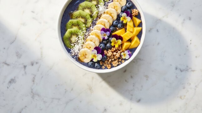 Colorful acai bowl with fresh fruit, granola, edible flowers on marble surface