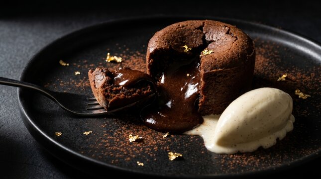 Molten chocolate cake with vanilla cream, fork cutting into warm center