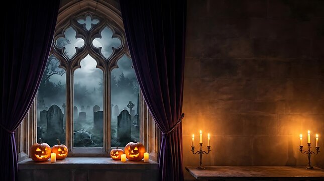 Spooky carved pumpkins glowing on a stone windowsill overlooking a foggy cemetery with a dark gothic window frame and purple curtains in a dim room