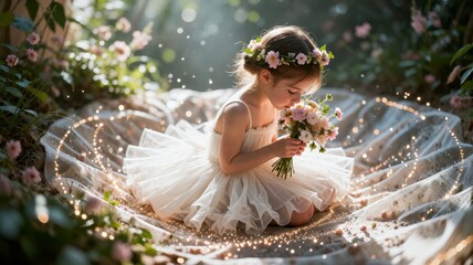 Fototapeta premium Little girl in white dress holding flowers with magical fairy lights in enchanted garden