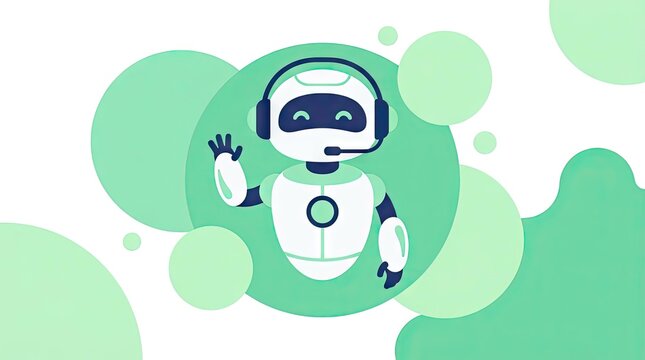 Friendly robot assistant waving against green circle background.