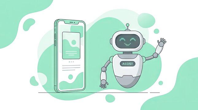 Friendly robot assistant waving beside a mobile smartphone screen