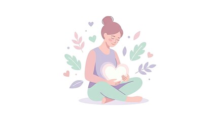 Meditating woman holding heart for mental wellness.