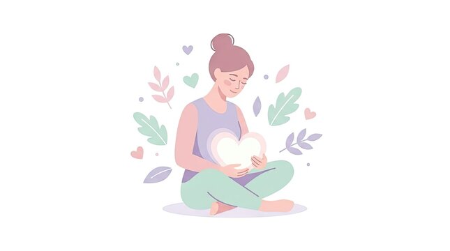 Meditating woman holding heart for mental wellness.