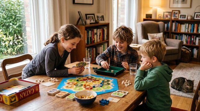 Three joyful children playing a strategy board game together at a wooden table with warm indoor lighting