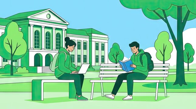 Students studying on university campus park benches.