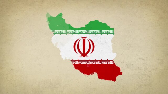 Animated Appearing IRAN Map Filled with Flag Isolated on Vintage Background