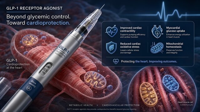 Modern glp-1 receptor agonist delivery pen paired with a detailed microscopic inset illustrating improved cardiac contractility, mitochondrial homeostasis, and a human heart cell backdrop