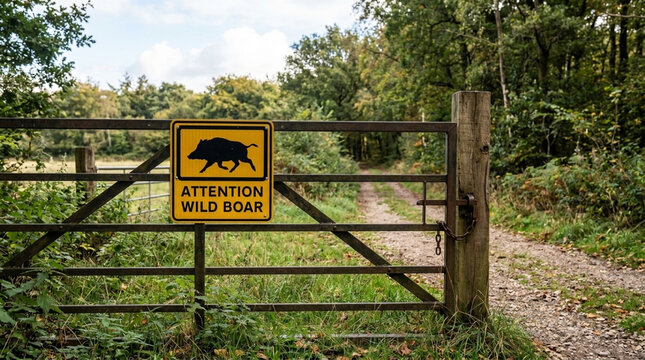 Warning Sign Alerting To Wild Boar Presence In A Forested Area