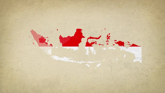Animated Appearing INDONESIA Map Filled with Flag Isolated on Vintage Background