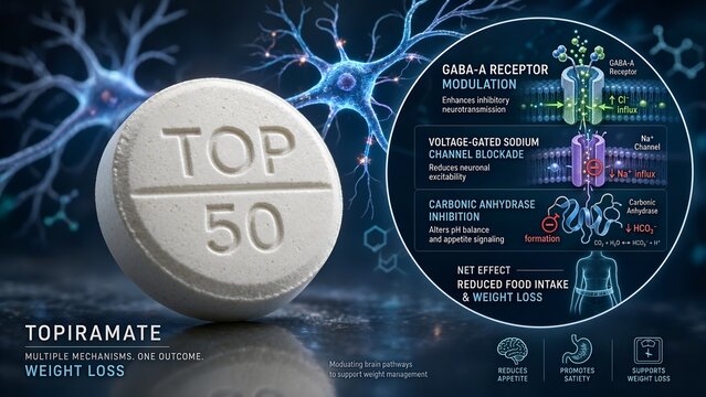 Neurological and metabolic topiramate pill accompanied by a zoomed microscopic inset showing gaba-a modulation, ion channel activity, and mechanisms driving reduced food intake