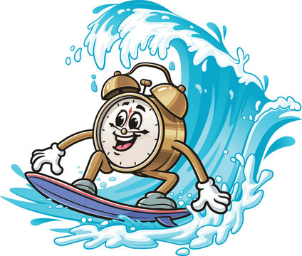 Cartoon illustration of a surfing alarm clock mascot