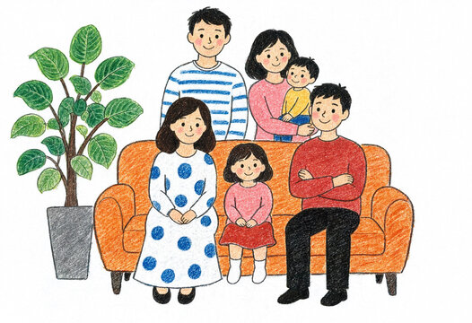 Family posing together on an orange sofa with indoor plant  