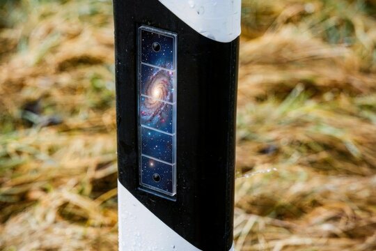 Roadside delineator post showing a galaxy instead of reflectors