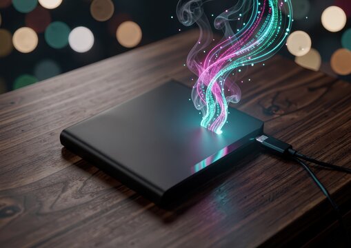 External Hard Drive With Glowing Magical Data Stream