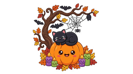Fototapeta premium Cute black cat on happy pumpkin with bats and leaves