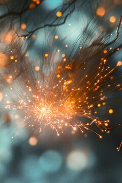 A close-up shot of a sparkling firework on a tree branch, ready to ignite the night sky. vertical frame