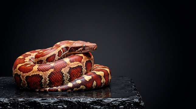 Coiled Blood Python Snake resting on Wet Black Basalt Rock with High Detail and Scales