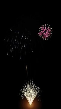 Festive fireworks exploding in night sky. Colorful pyrotechnics display. Celebration stock video clip