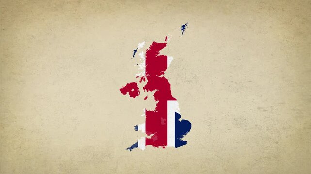 Animated Appearing UNITED KINGDOM Map Filled with Flag Isolated on Vintage Background