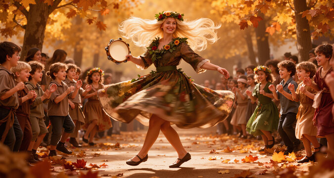 Young woman dancing with tambourine surrounded by happy children in autumn park