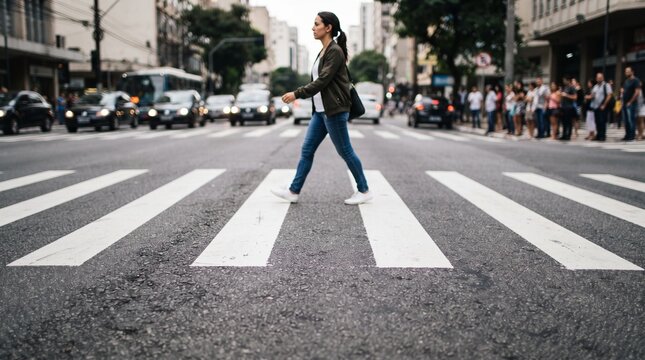 Woman crossing street at crosswalk in busy urban traffic