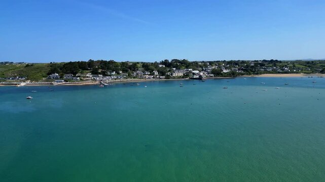 Rock, Cornwall, England: DRONE VIEWS: The River Camel, the village of Rock and the countryside beyond. Rock is located across the river from Padstow, a town renowned for its culinary links and cuisine