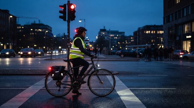 Cyclist wearing safety vest at city intersection at dusk