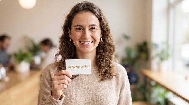 Woman holding a card with four golden stars and a smile